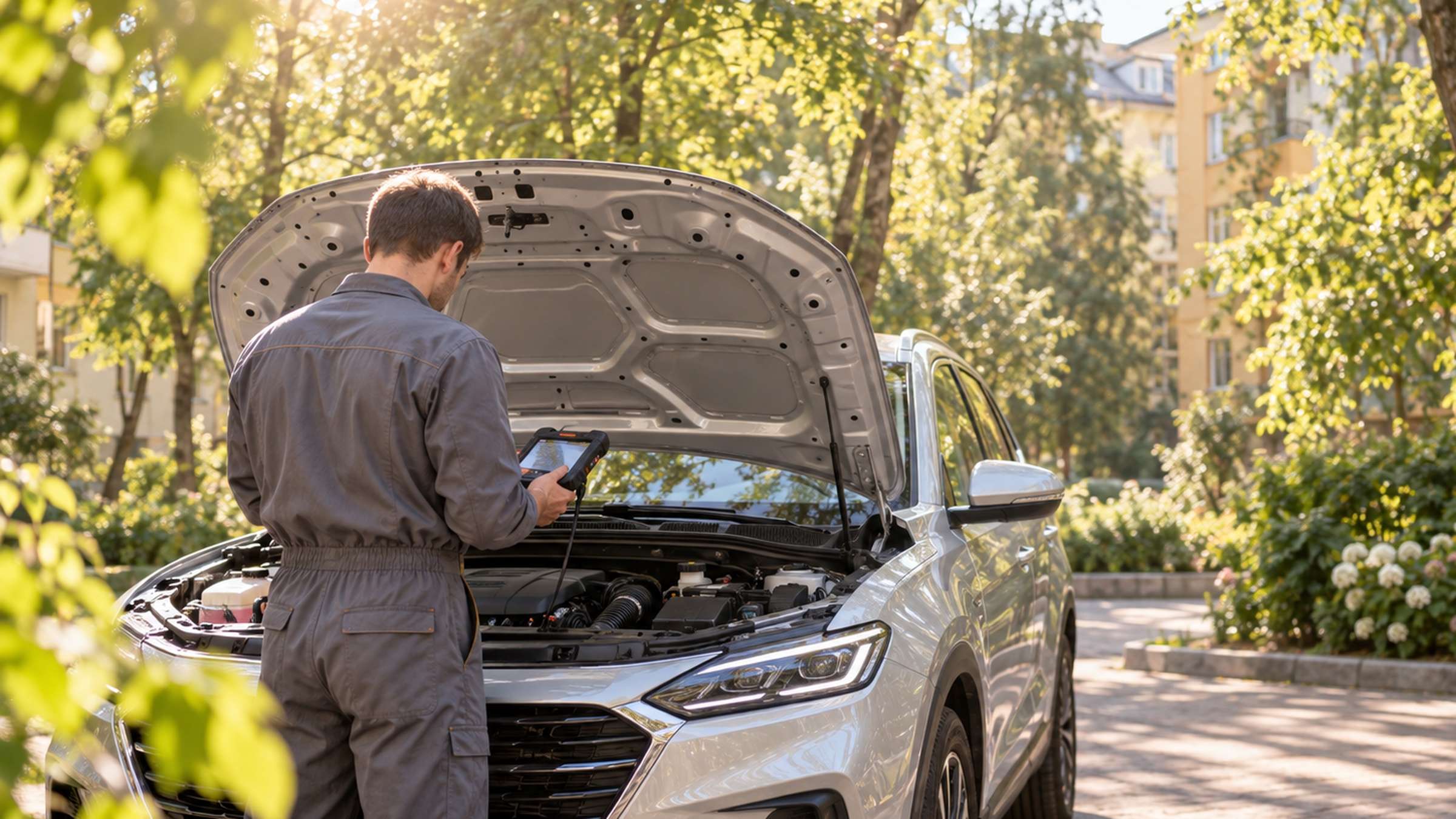 Эксперт со сканером у открытого капота автомобиля в солнечном дворе
